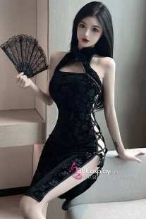 Sườn Xám Đen Gấm Sexy