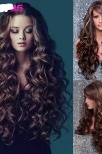 Tóc Giả Nâu Xoăn Móc Line Vàng 65Cm