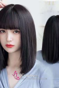 Tóc Giả Đen Cúp Ngang Vai Mái Ngang Xinh Xắn