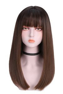 Tóc Giả Nâu Socola/Đen Mái Thưa Cúp Nhẹ 65Cm