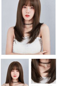 Tóc Giả Nâu Socola/Đen Mái Thưa Cúp Nhẹ 65Cm