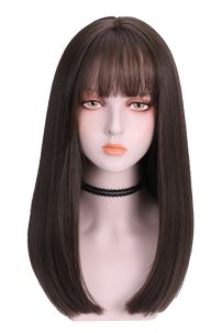 Tóc Giả Nâu Đen Mái Thưa Cúp Nhẹ 65Cm