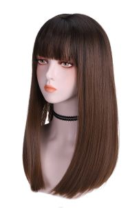 Tóc Giả Nâu Đen Mái Thưa Cúp Nhẹ 65Cm