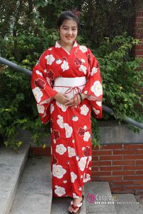 Yukata Chuẩn Nhật Đỏ Hoa Đào Thắt Lưng Trắng
