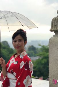 Yukata Chuẩn Nhật Đỏ Hoa Đào Thắt Lưng Trắng