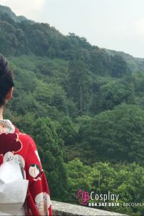 Yukata Chuẩn Nhật Đỏ Hoa Đào Thắt Lưng Trắng