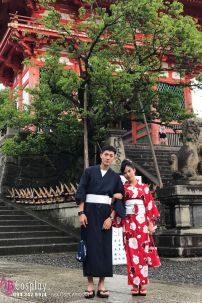 Yukata Chuẩn Nhật Đỏ Hoa Đào Thắt Lưng Trắng