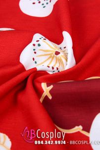 Yukata Chuẩn Nhật Đỏ Hoa Đào Thắt Lưng Trắng