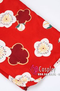 Yukata Chuẩn Nhật Đỏ Hoa Đào Thắt Lưng Trắng