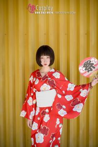 Yukata Chuẩn Nhật Đỏ Hoa Đào Thắt Lưng Trắng