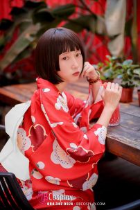 Yukata Chuẩn Nhật Đỏ Hoa Đào Thắt Lưng Trắng
