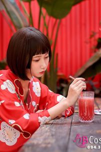 Yukata Chuẩn Nhật Đỏ Hoa Đào Thắt Lưng Trắng