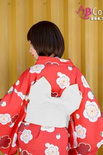 Yukata Chuẩn Nhật Đỏ Hoa Đào Thắt Lưng Trắng