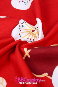 Yukata Chuẩn Nhật Đỏ Hoa Đào Thắt Lưng Trắng