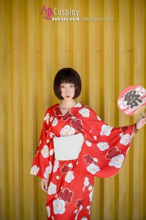Yukata Chuẩn Nhật Đỏ Hoa Đào Thắt Lưng Trắng
