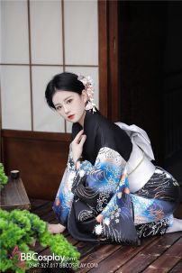 Áo Yukata Mùa Hè Nền Đen Tặng Kèm Thắt Lưng