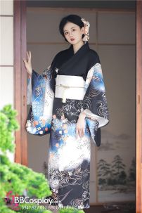 Áo Yukata Mùa Hè Nền Đen Tặng Kèm Thắt Lưng