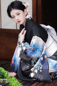 Áo Yukata Mùa Hè Nền Đen Tặng Kèm Thắt Lưng