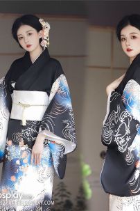 Áo Yukata Mùa Hè Nền Đen Tặng Kèm Thắt Lưng