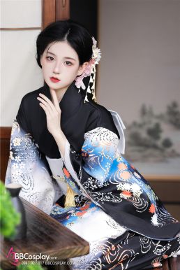 Kimono Nhật Nền Đen Hoa Xanh Dương