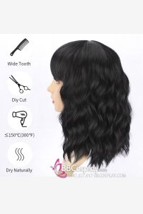 Tóc Giả Đen Ngắn Gợn Sóng Mái Ngang