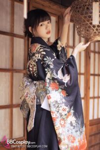 Kimono Nhật Nền Đen Bướm Cam