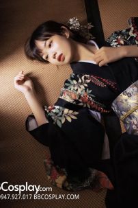 Kimono Nhật Nền Đen Bướm Cam