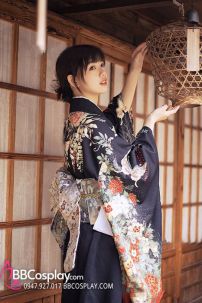 Kimono Nhật Nền Đen Bướm Cam