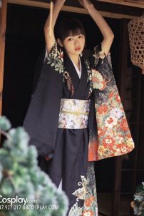Kimono Nhật Nền Đen Bướm Cam