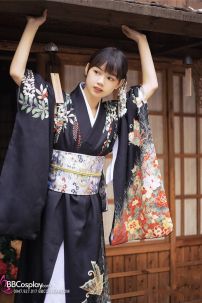 Kimono Nhật Nền Đen Bướm Cam
