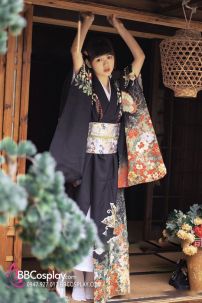 Kimono Nhật Nền Đen Bướm Cam