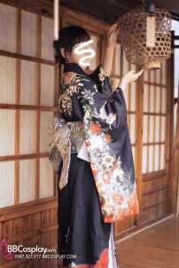 Kimono Nhật Nền Đen Bướm Cam