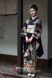 Kimono Nhật Nền Đen Bướm Cam