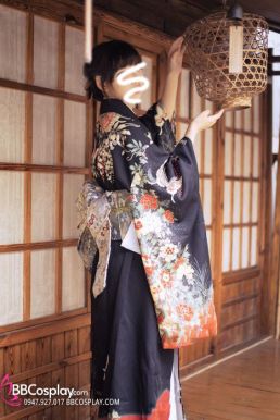 Kimono Nhật Nền Đen Bướm Cam