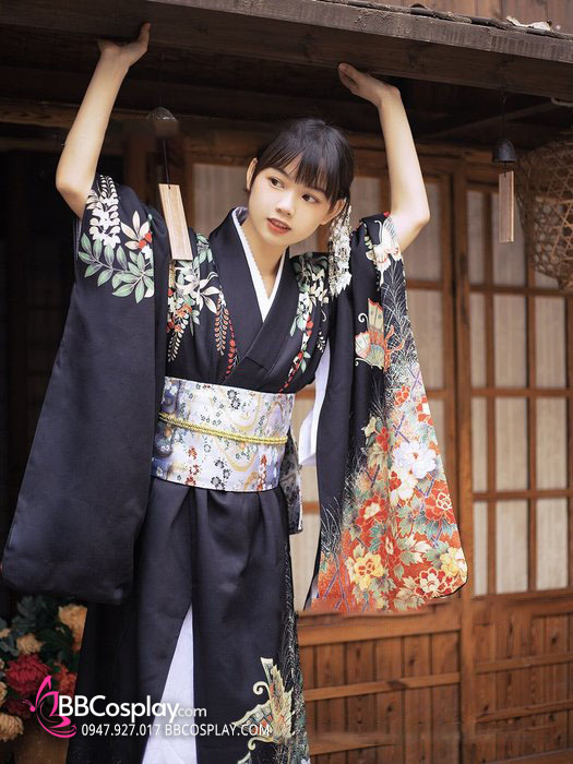 Kimono Nhật Nền Đen Bướm Cam