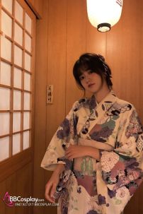 Áo Yukata Nhật Nền Trắng Hoa Tím Môn