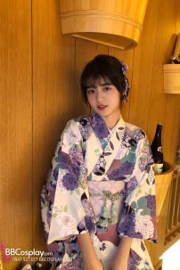 Áo Yukata Nhật Nền Trắng Hoa Tím Môn