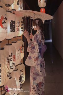 Áo Yukata Nhật Nền Trắng Hoa Tím Môn
