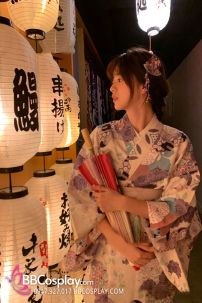 Áo Yukata Nhật Nền Trắng Hoa Tím Môn