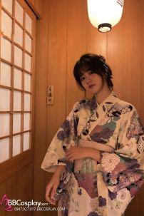 Áo Yukata Nhật Nền Trắng Hoa Tím Môn