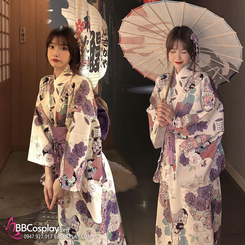 Kimono Nhật Nền Trắng Hoa Tím Môn