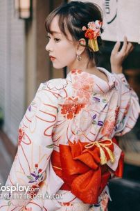 Áo Kimono Nhật Nền Trắng Hoa Cam Tặng Kèm Thắt Lưng