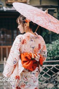 Áo Kimono Nhật Nền Trắng Hoa Cam Tặng Kèm Thắt Lưng