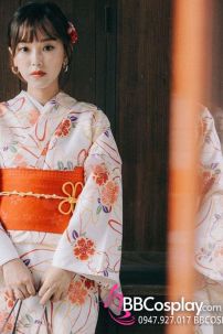 Áo Kimono Nhật Nền Trắng Hoa Cam Tặng Kèm Thắt Lưng