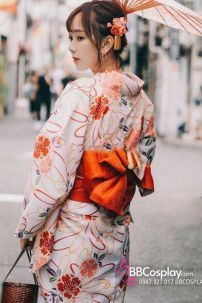 Áo Kimono Nhật Nền Trắng Hoa Cam Tặng Kèm Thắt Lưng