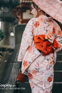 Áo Kimono Nhật Nền Trắng Hoa Cam Tặng Kèm Thắt Lưng