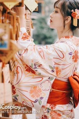 Kimono Nhật Nền Kem Hoa Đỏ Cam