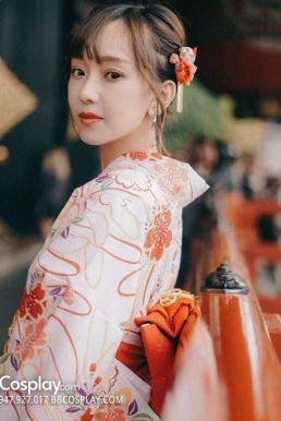 Áo Kimono Nhật Nền Trắng Hoa Cam Tặng Kèm Thắt Lưng