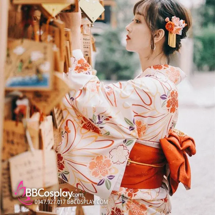Áo Kimono Nhật Nền Trắng Hoa Cam Tặng Kèm Thắt Lưng