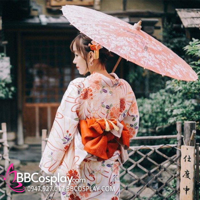 Áo Kimono Nhật Nền Trắng Hoa Cam Tặng Kèm Thắt Lưng
